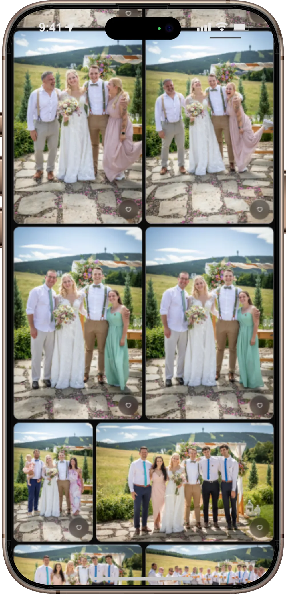A grid of wedding photos in the gallery, shown on an iPhone
